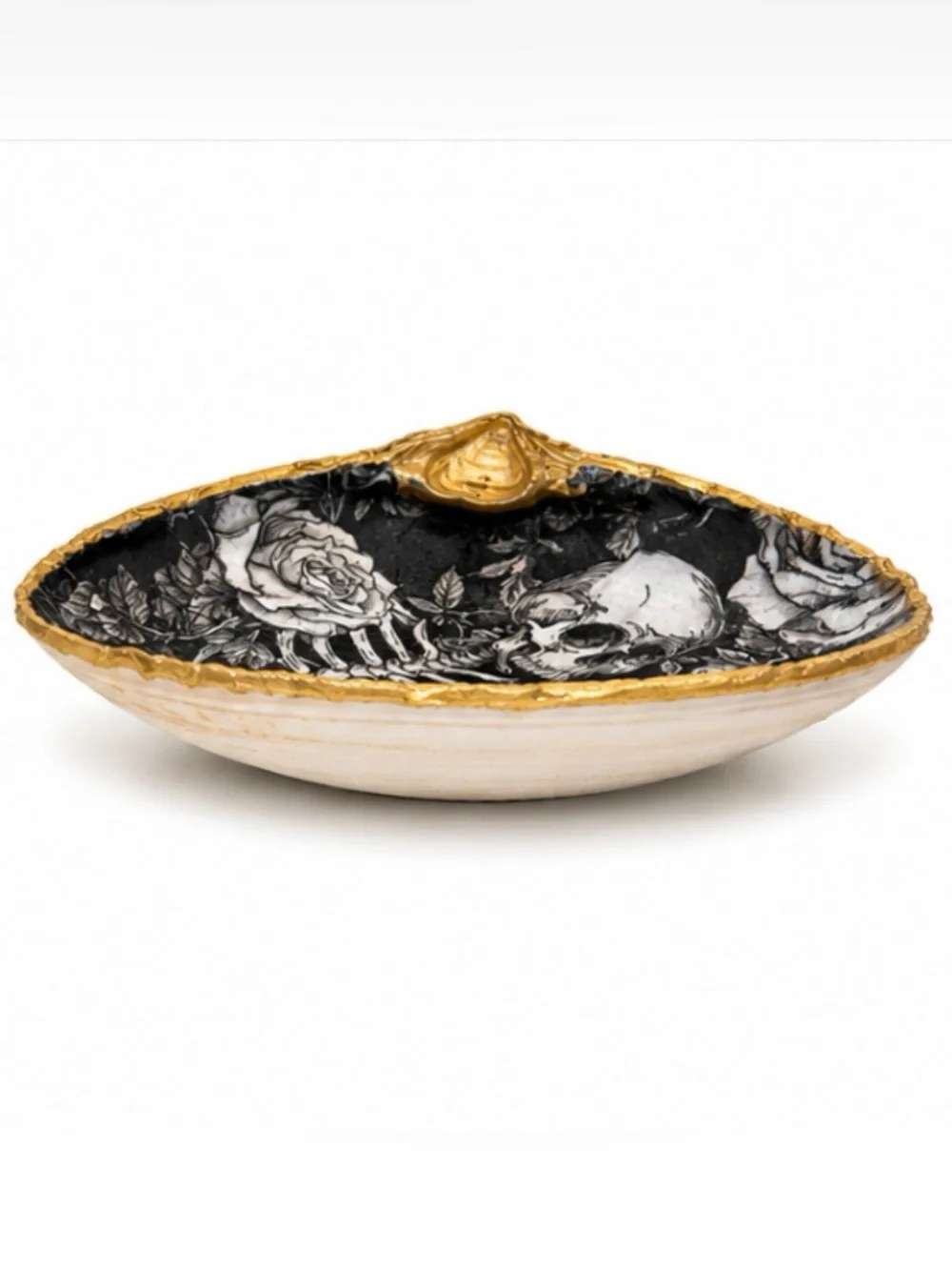 Handmade Gothic Oyster Shell Trinket Dish | Skull & Rose Ring Dish